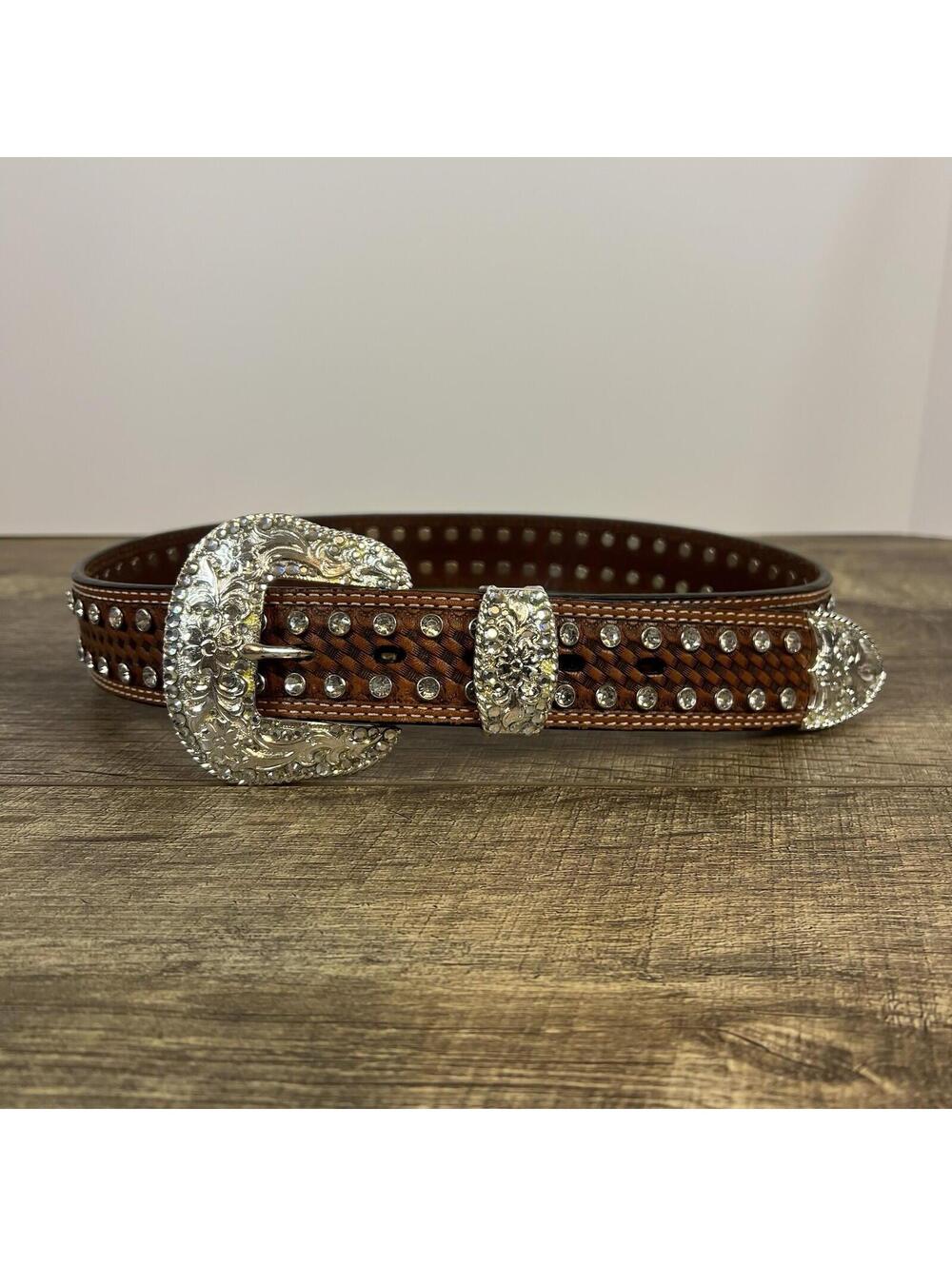 Roper Western Leather Rhinestone Belt Women’s Sz Med Vintage 1996 3” Buckle NICE